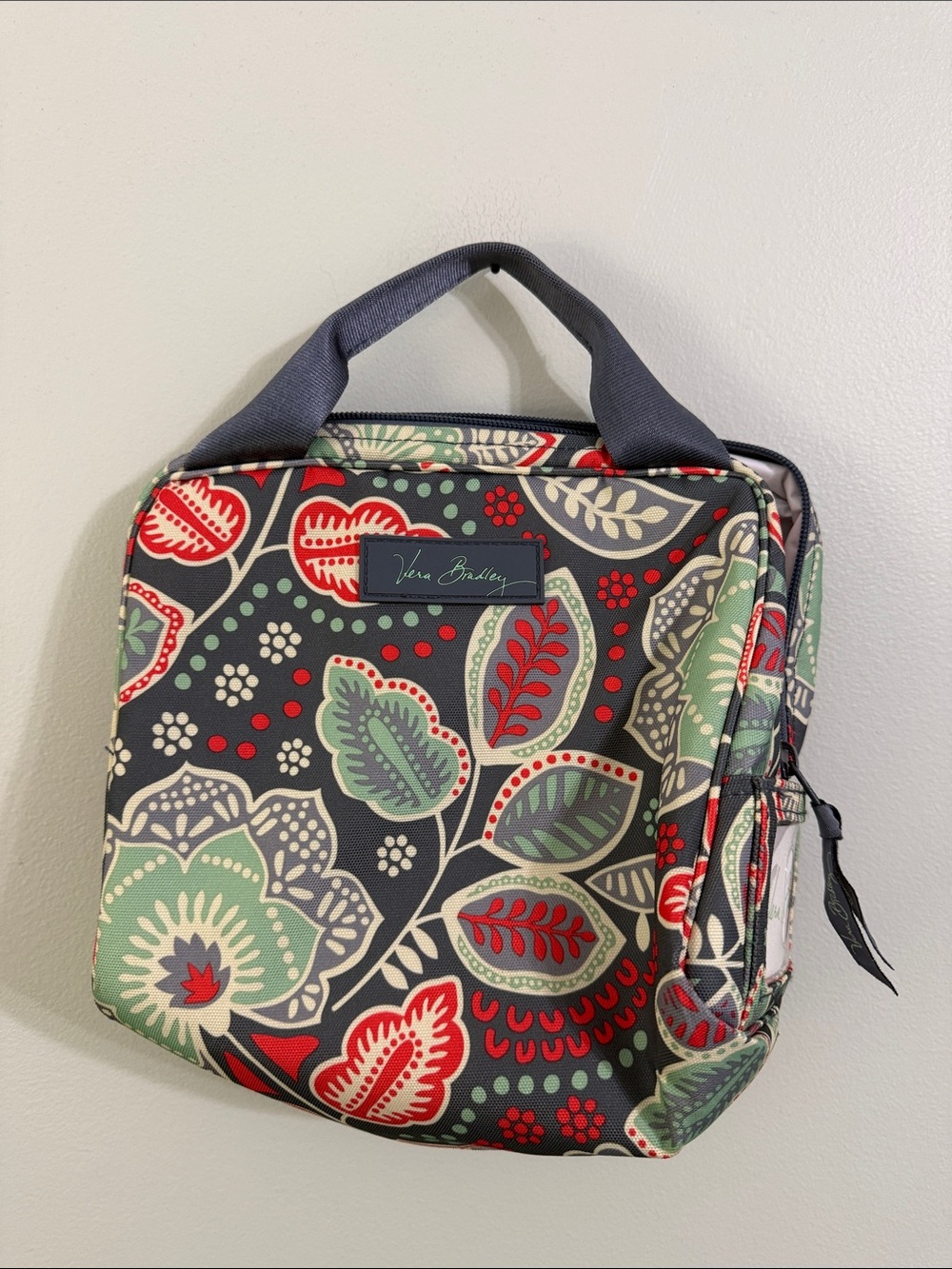 Vera Bradley gray lunch bag with Green & Red Accents